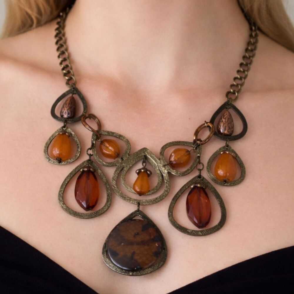 Ruby Rd Beaded Statement Necklace Bronze Tone Amber Brown Stones
